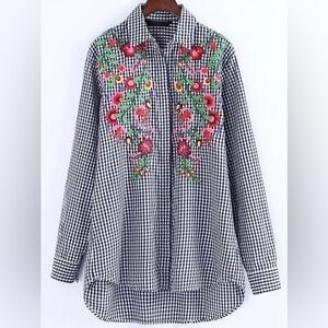 Zara Woman Oversized Gingham Plaid Colourful Embroidered Blouse Button Top • XS